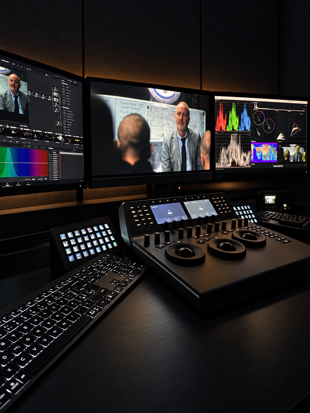 Close view of The Cave’s grading monitors and DaVinci Resolve Mini Panel